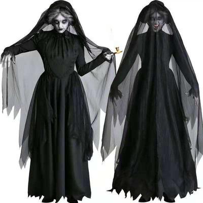 Women Halloween Witch Demon Vampire Uniform Set Black Long Dress Hooded Cape Cloak with Gloves Party Cosplay Costume