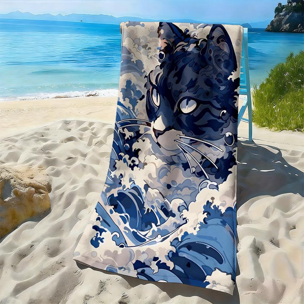 Dark blue cat with waves pattern polyester microfiber beach towel is highly absorbent, suitable for swimming and beach outings