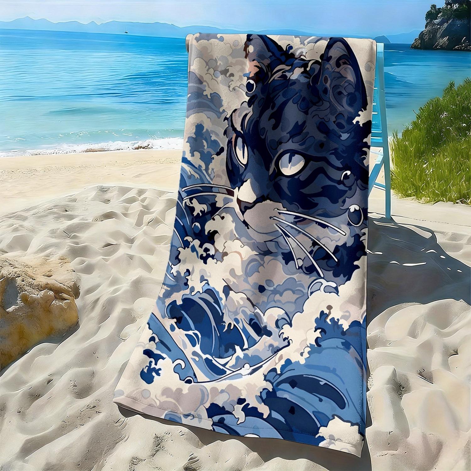 

Dark blue cat with waves pattern polyester microfiber beach towel is highly absorbent, suitable for swimming and beach outings W40*H60(CM)