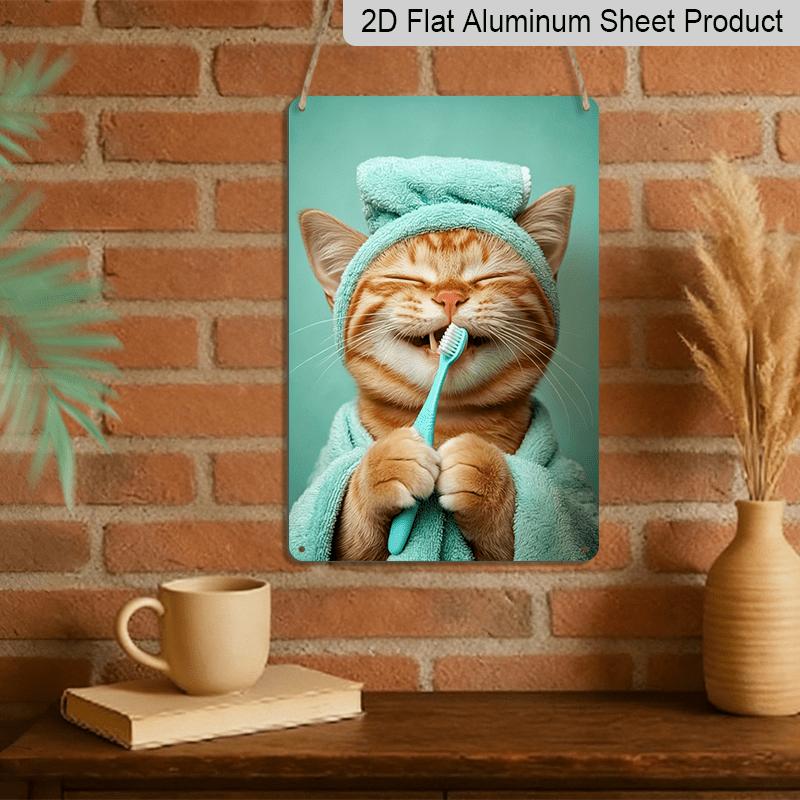 2D Flat Orange Tabby Cat Brushing Teeth Metal Sign - Funny Bathroom Wall Decor Durable Aluminum Material Bathroom & Powder Room Wall, Kids' Bathroom