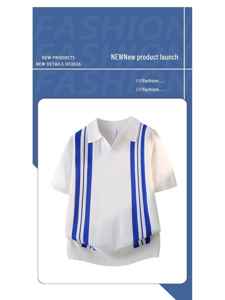 Men's Striped Patchwork Polo Collar Short Sleeve Knit Hoodie Top