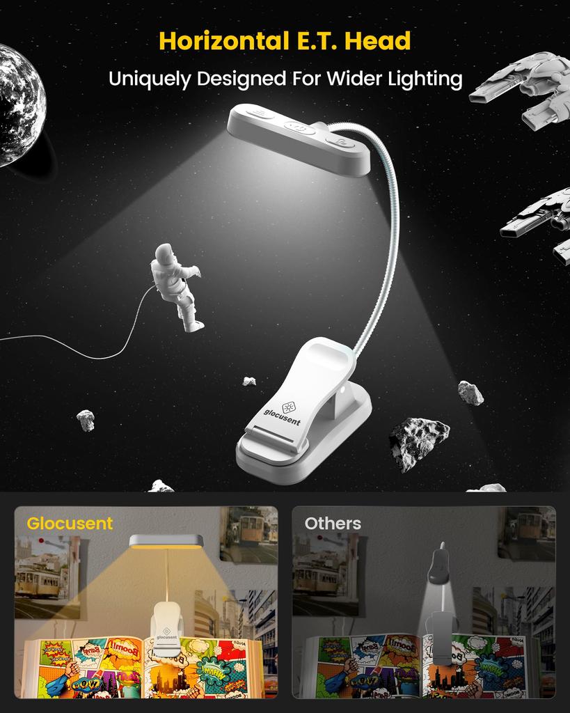 Glocusent Leselampe, Buchlampe mit 30-Minuten-Timer, 3 Farbtemperatureinstellungen, 5 Helligkeitsstufen, Augenfreundlicher CRI 95, Wiederaufladbare LED