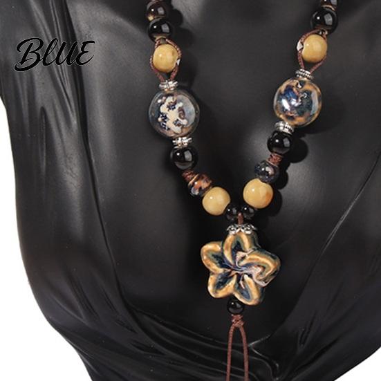 Fashionable Ceramic Necklace Vintage Bohemian Bead Braided Rope Flower Long