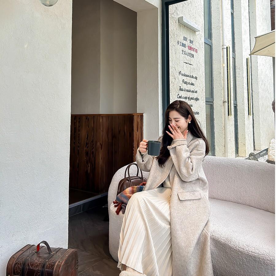 

Corner button woolen coat women s autumn and winter sweet college style niche medium and long coat 2311 S колір світло кави