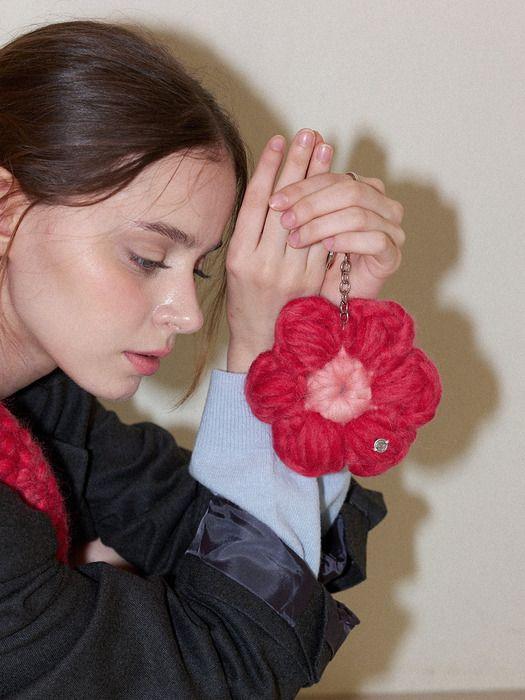 Slowslowly Wool 100% Handmade Crochet Dasy Big Flower Keyring _ Red Red