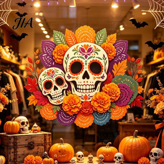Decorative Holiday Gifts Day of The Dead Window Static Sticker, Flower Skull PVC Sugar Decals Decals, Waterproof Halloween Glass Clings for