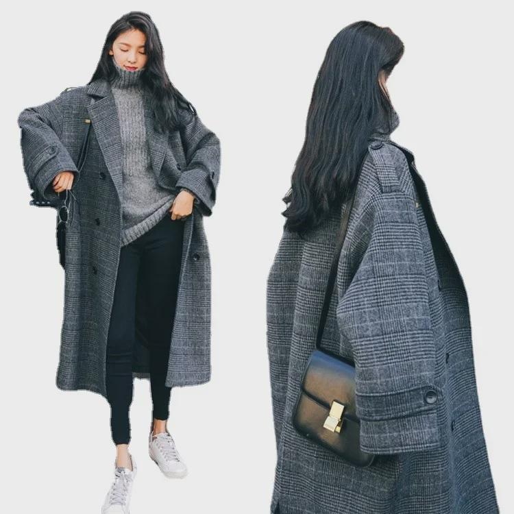 Dam 2025 Höst/Vinter Rutig Ullkappa - Mellanlång, Över Knäet, Förtjockad, Lös Passform