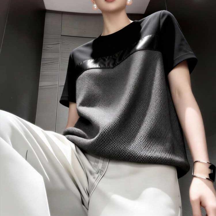 Summer new fashion and fashion contrasting color splicing short-sleeved T-shirt women s loose large-size top black splicing S чёрный