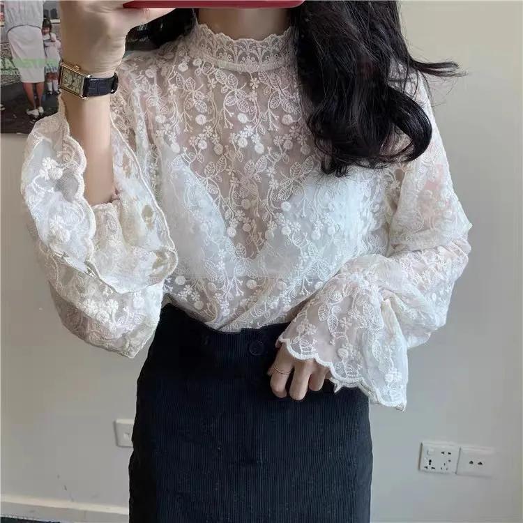 Camicia a maniche lunghe in rete delicata con pizzo interno da indossare sotto, con velluto, da donna, autunno e inverno, camicetta in stile occidentale, camicetta in pizzo