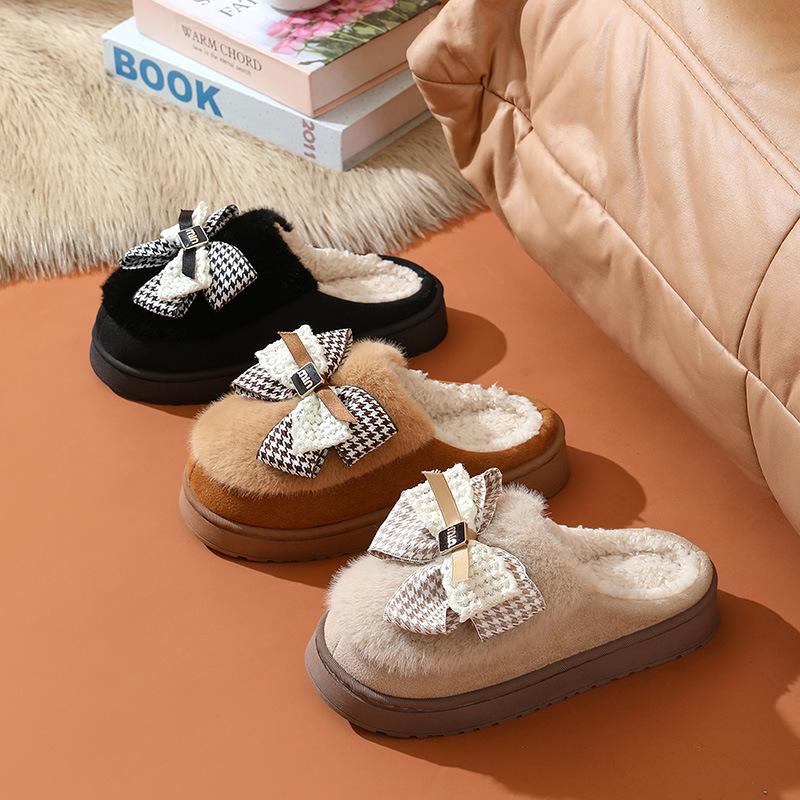 Bow cotton slippers winter indoor home thick bottom warm cute plush household cotton mop