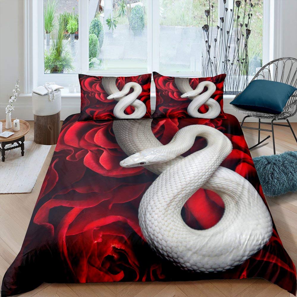Snake Duvet Cover Set 3D Python Palm Leaf Bedding Set King Size Reptile Tropical Theme Quilt Cover for Kids Boys Girls Teens