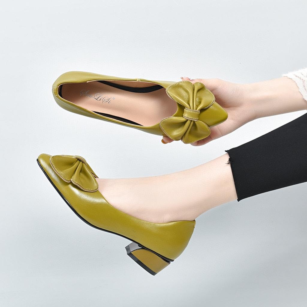 Pointed women's single shoes spring new comfortable first layer cowhide low heel shallow mouth women's shoes bow women's flats
