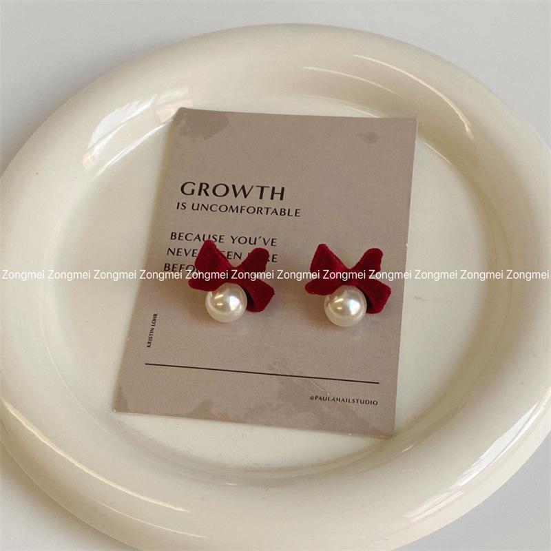2026 Trendy Velvet Pearl Bow Earrings for Women - High-End Niche Design in Black