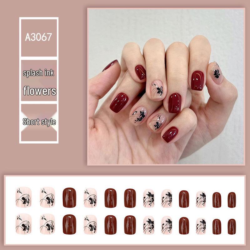 

Китайская живопись тушью, цветочные накладные ногти: Красные короткие ногти на Новый год, осень и зиму