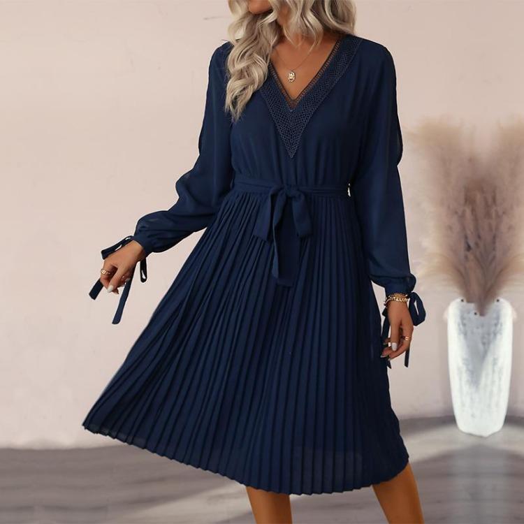 Elegant Hollow Out Long Sleeve V Neck Solid Color Dress for Women Fashion Long Dress Spring Autumn