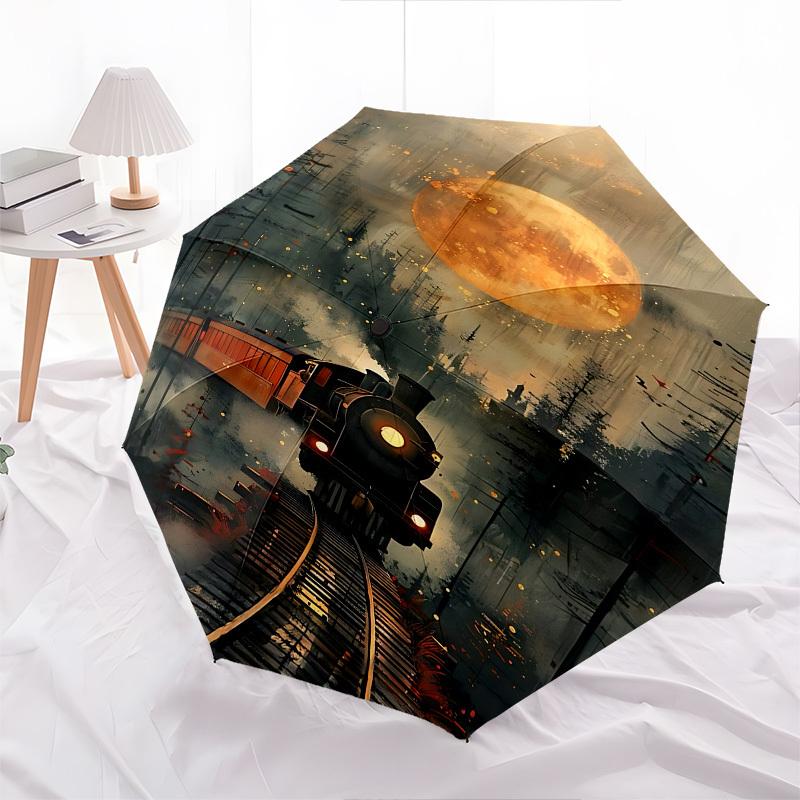 Mondschein-Zug-Themen-Regenschirm mit automatischer Öffnung und Schließung, Helle Farbe, 8-Speichen, Tragbar, Geeignet für Männer und Frauen, Ein Perfekter