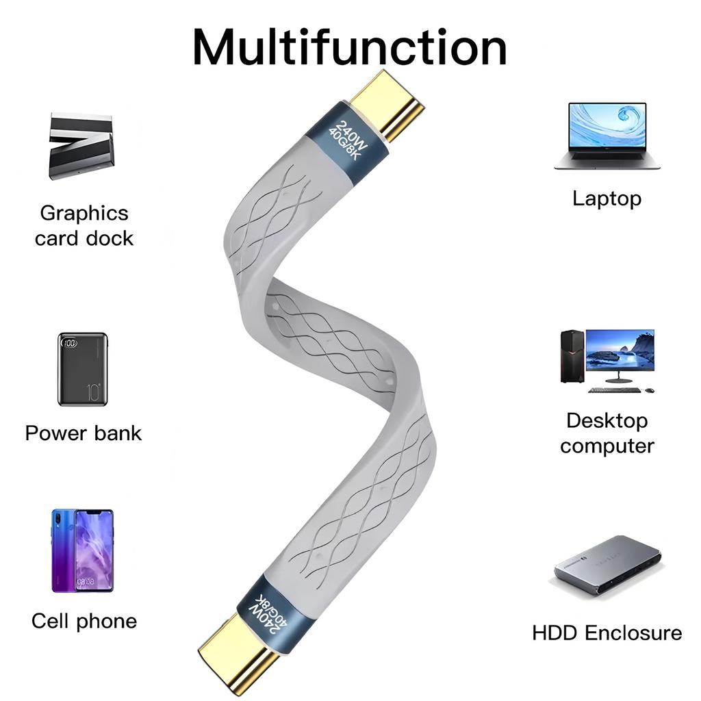 240W 40GB Short USB C To USB C Cable Fast Charging Type C Cord 40Gbps Data Transfer 8K Flat Data Charge Extension Cable
