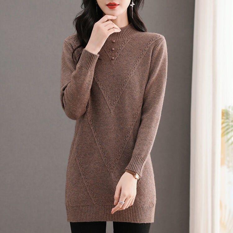 

Платье-свитер с полувысоким воротником для женщин, однотонное, с длинным рукавом, средней длины, вязаный свитер, осенне-зимний, повседневный, свободный пуловер 2XL коричневый