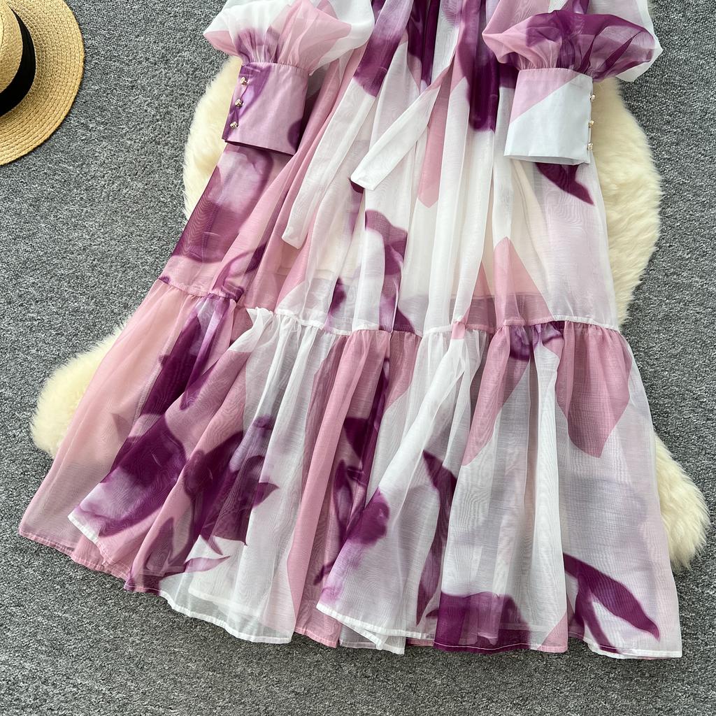 Sexy Long Sleeve Mesh Sweet Print Dress Chic Vintage Evening Party Club  Women Chic Summer Beach Long Dresses