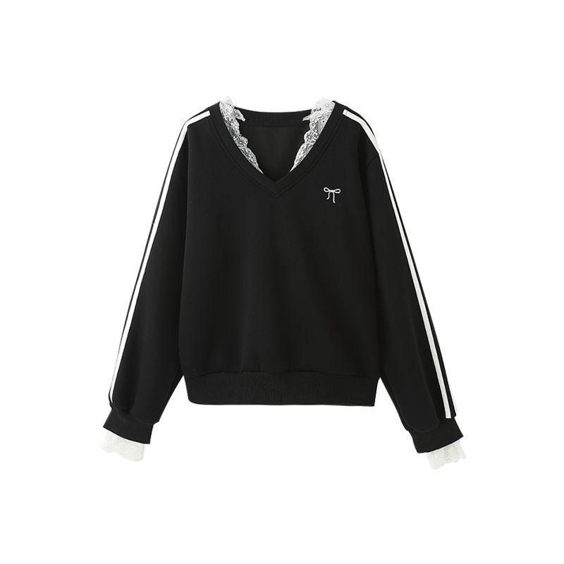 Early Autumn Retro V-Neck Black Hoodie with Bow and Three Stripes