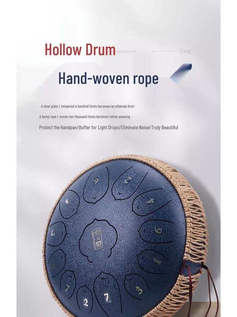 Ethereal 13-Tone Steel Tongue Drum with Handmade Hemp & Cotton Rope Edging, Includes Drum Mallet & Decorative Braided Rope
