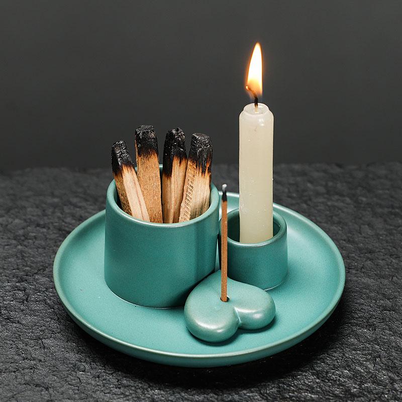 1 pièce Set Brûleur d'Encens en Céramique - Décoration d'Intérieur Multifonctionnelle, Brûleur 4-en-1 pour Bâtonnets d'Encens & Sauge, Porte-Palo Santo & Bougie