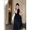 Women's Sleeveless Midi Dress Slim Fit High Waist A Line Back Cut Out French Vintage Solid Long Dress