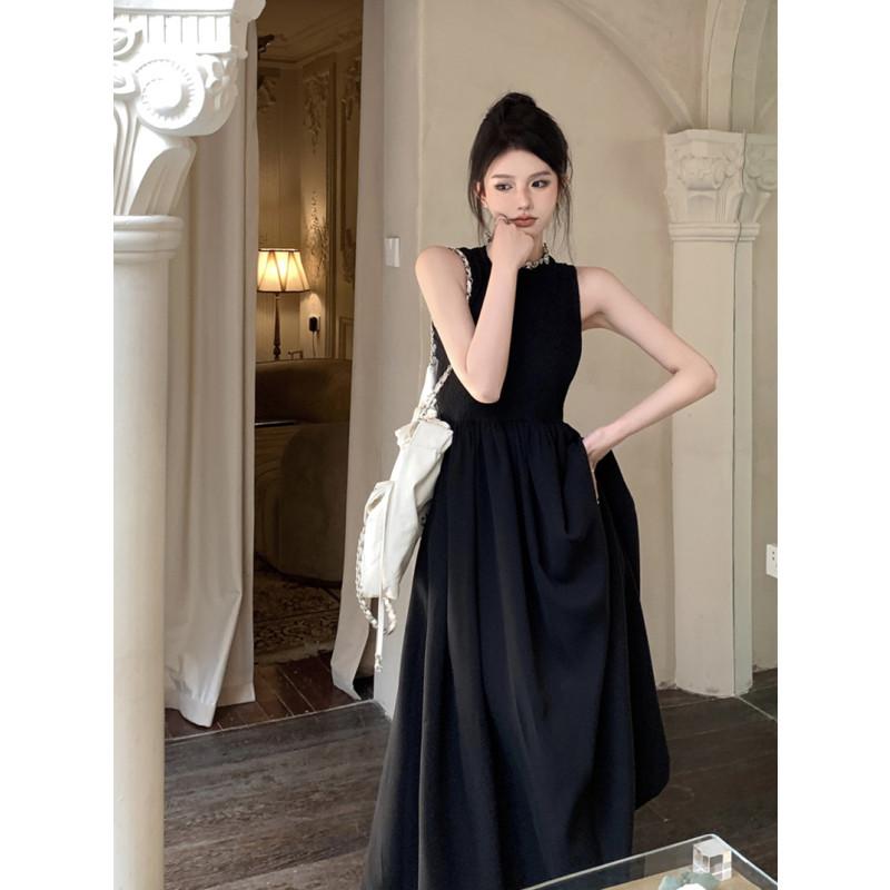Women's Sleeveless Midi Dress Slim Fit High Waist A Line Back Cut Out French Vintage Solid Long Dress