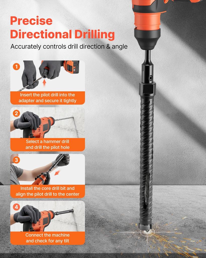 Core Drill Bit, 25 Mm Diameter, 241 Mm Drilling Depth, M16 Internal Thread, Diamond Dry Coring Bit with 3 Adapters, Pilot Drill and Hex Wrench, for