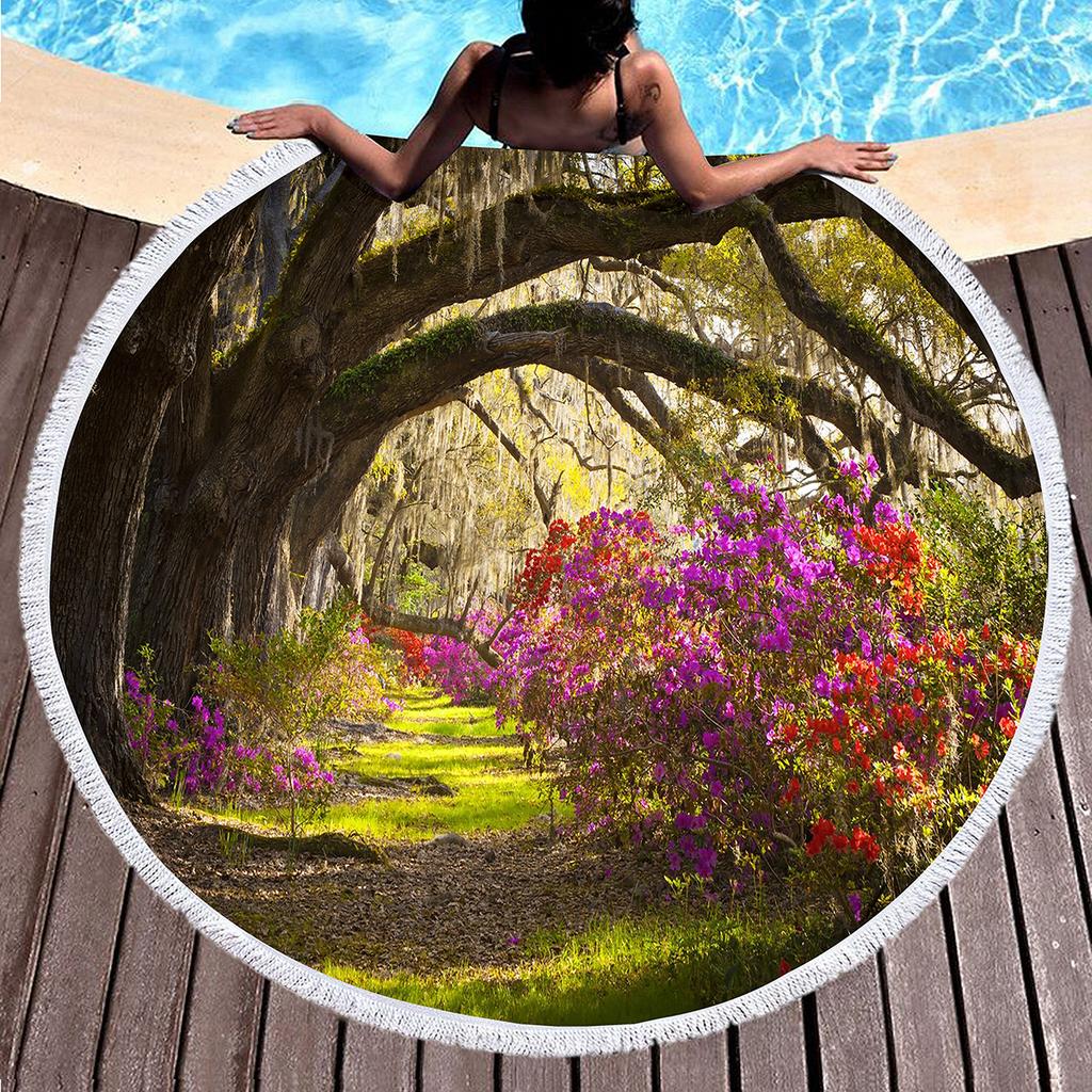 Beautiful Garden Floral Round Beach Towel, Microfiber Circle Beach Towels Quick Dry Beach Throw Blanket Sand Free Pool Towels