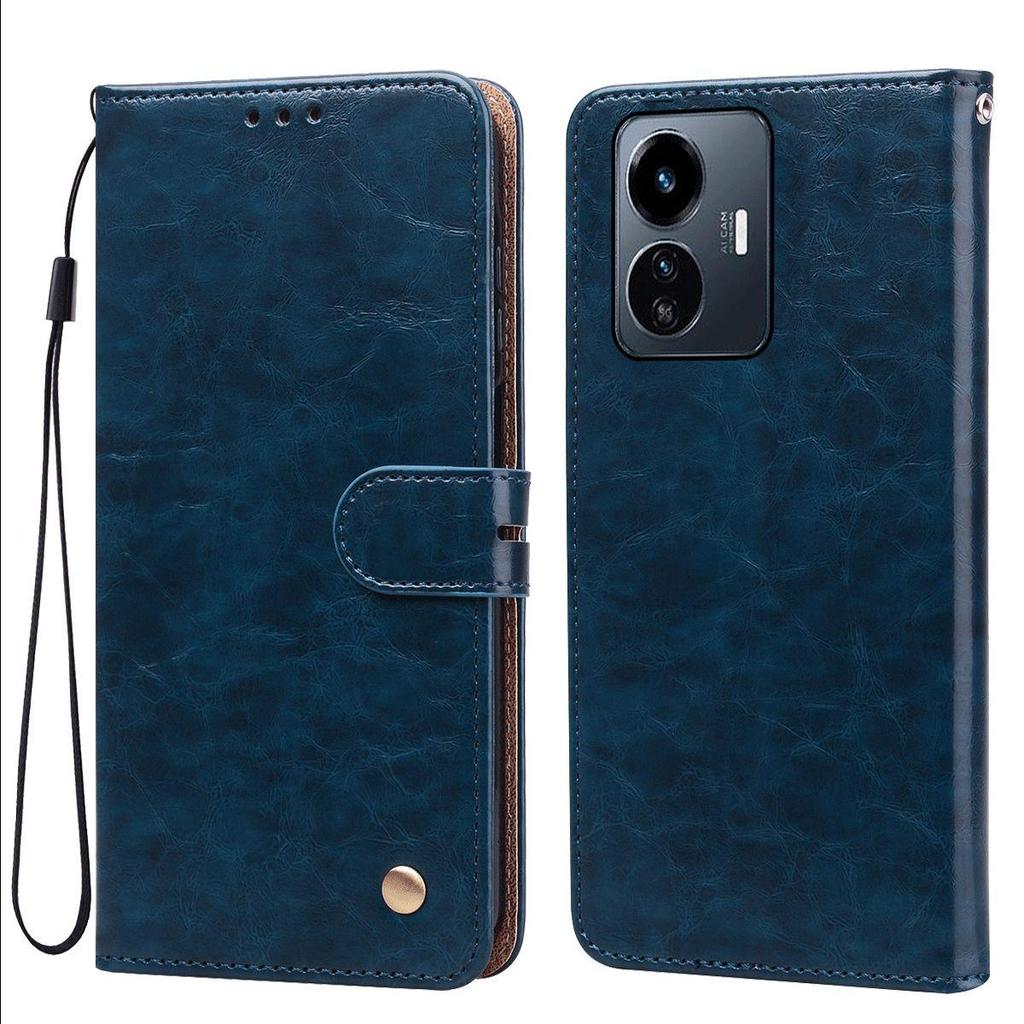 Vintage Crazy Horse Texture PU Leather Flip Wallet Phone Case for Vivo Y77 5G Card Holder Kickstand Shockproof Protective Cover