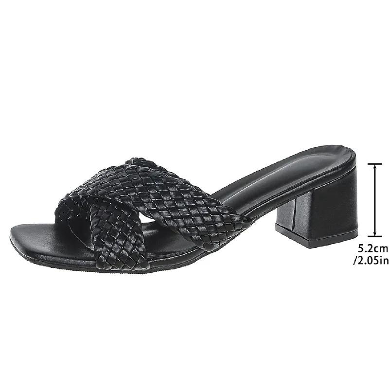 Fashion Summer Women's High Heels Large Size Woven Cross Strap Thick Heel Square Head Sandals Comfortable Breathable Slip-On Shoes