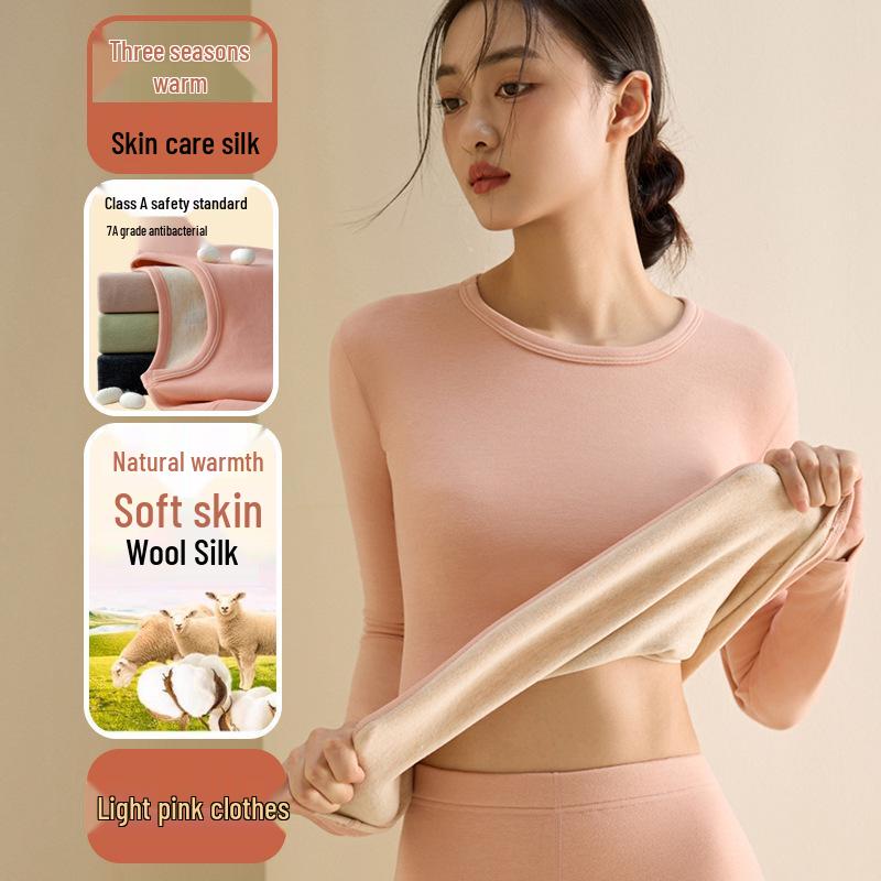 

Женские термокостюмы из шерсти и шелка: Антибактериальное зимнее нижнее белье с круглым вырезом и бархатной подкладкой top, XL (115-135 catties) светло-розовый