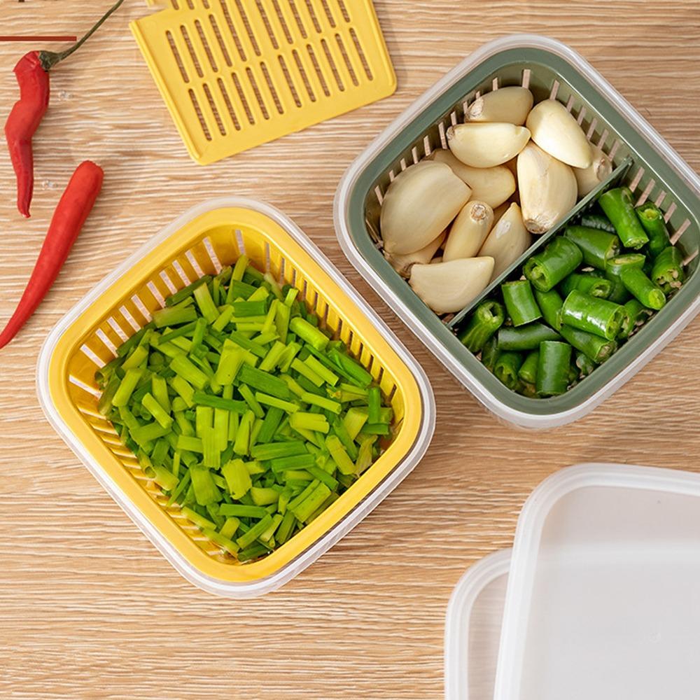 2PCS PP Vegetable Fruit Storage Container 2 Compartments Fridge Storage Organizer  Home Storage