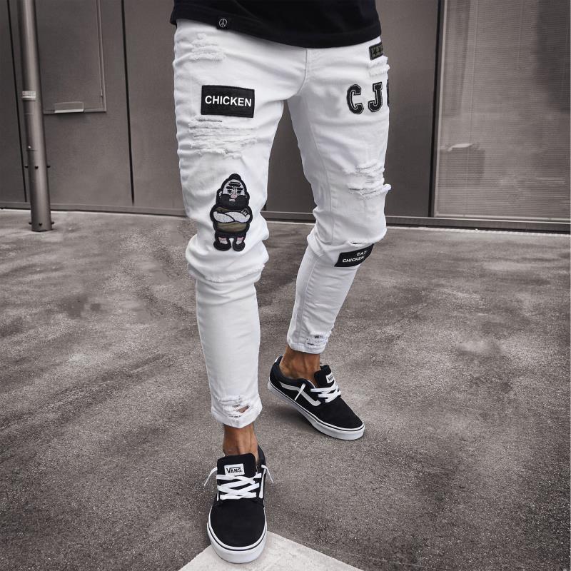 

European & American High-End Men s White & Black Ripped Denim Slim-Fit Jeans XXL білий
