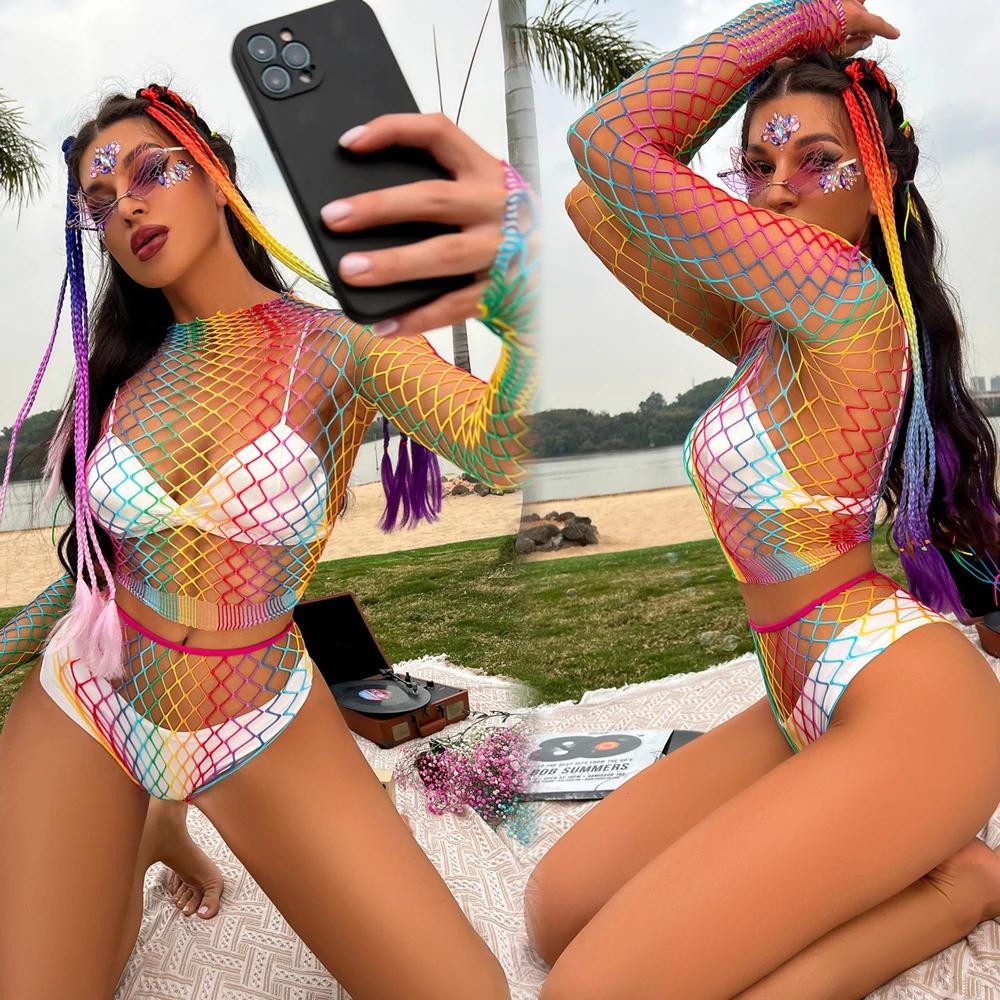 Sexy Rainbow Bodysuits Costume Erotic Fishnet Transparent Seductive Underwear Ladies Mesh Hollow See Through Bodycon Clothes
