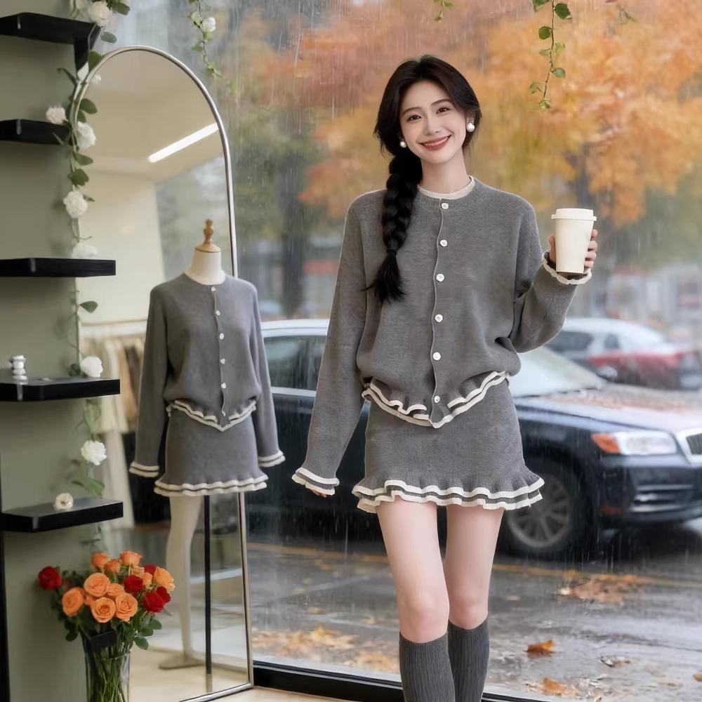 Korean Chic Knit Cardigan & Ruffle Skirt Set - Women's Winter Style