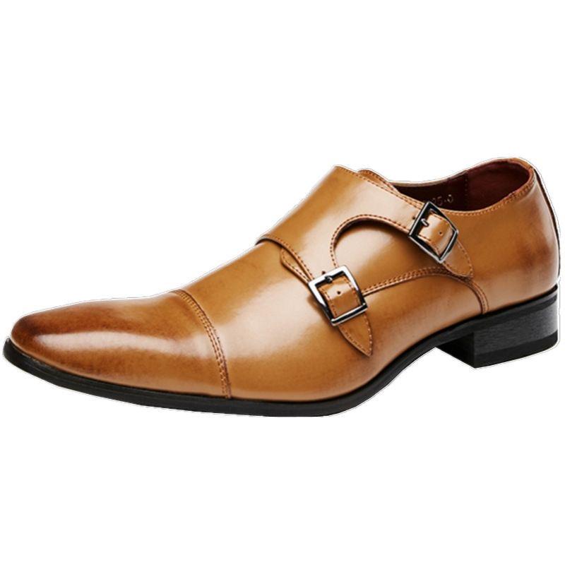 Fashion Luxury Mens Dress Shoes Pointed Toe Cow Leather Buckle Monk Strap Casual Business Wedding Shoes for Men Black Brown