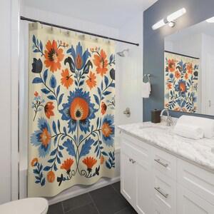 Scandinavian Shower Curtain, Cream Orange and Blue Flower Folk Art Design Shower Curtain W90xH180cm