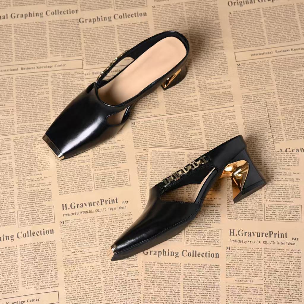 New Square Head Thick Heel Bag Head Half Slippers Women's Summer Outer Wear Shoes Temperament Medium Heel Slippers