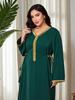 Middle East Plus Size Women's Elegant Maxi Dress with V-neck and Gold Trim, Lace-up Waist-cinching Design 2025