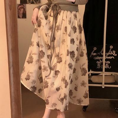 Gentle Feng Shui Ink Printed Half Length Skirt for Women In Summer Versatile A-line Skirt High Waist Slim and Medium Length Pleated Skirt