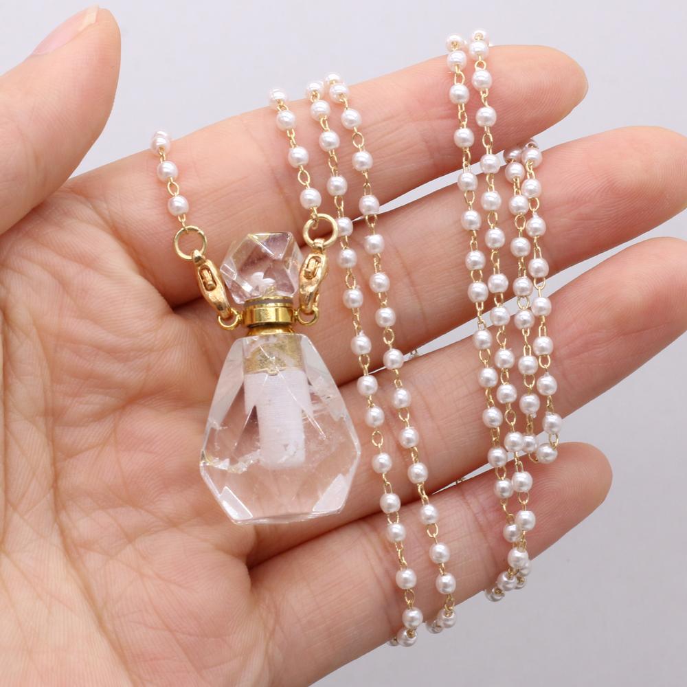 

1 шт. модный натуральный камень прозрачный кварц флакон духов кулон жемчужная цепочка ожерелья для женщин свадебные украшения поставки 20x37mm