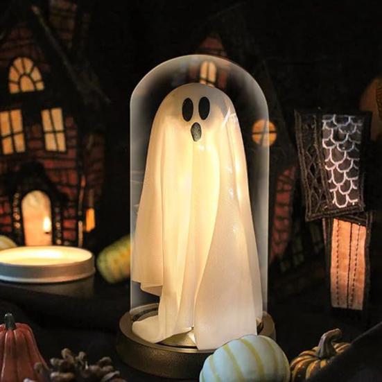 LED Ghost Decoration Halloween Indoor Light Up Ghost In Glass Cloche for Home Kitchen Mantel Tabletop Decor
