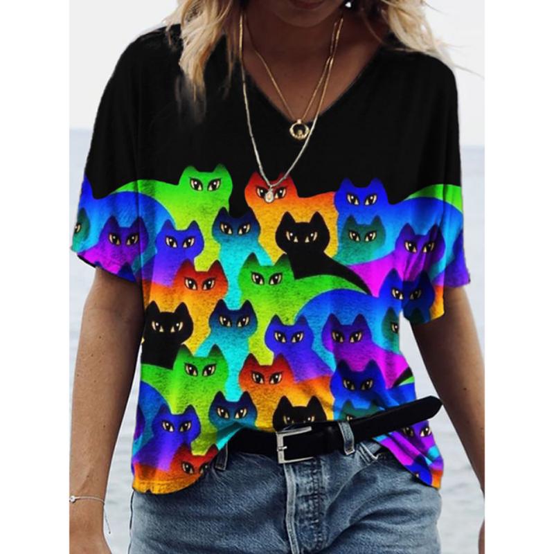 Women's 3d Cats Print T-Shirt Fashion Woman Blouses 2023 Funny Kawaii V-Neck T Shirt Female Clothing Oversized Summer Tops Tees