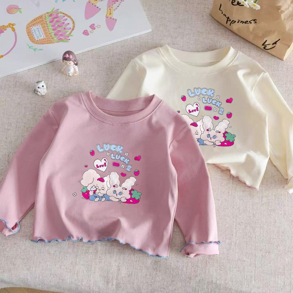 Girls Cotton Long Sleeve T Shirt Cartoon Round Neck Top Kids Ruffle Hem Base Layer Shirt For Toddler