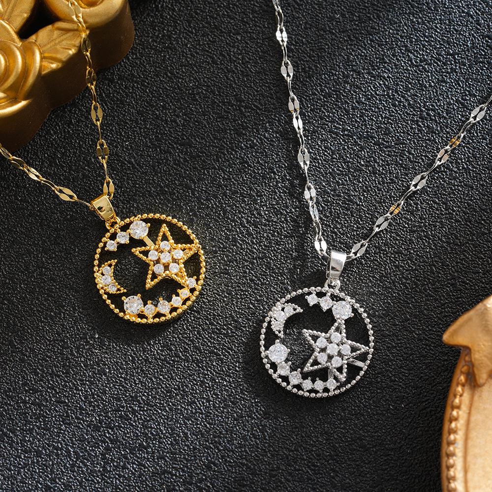 Douyin Influencer Zircon Star & Moon Necklace – Japanese Korean Style, Fashionable Design in Titanium Steel