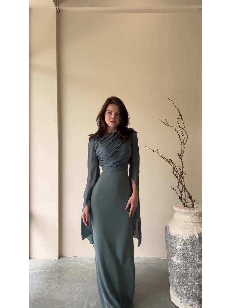 2024 Summer Patchwork Tulle Long Satin Slimming Dress with Large Sleeves