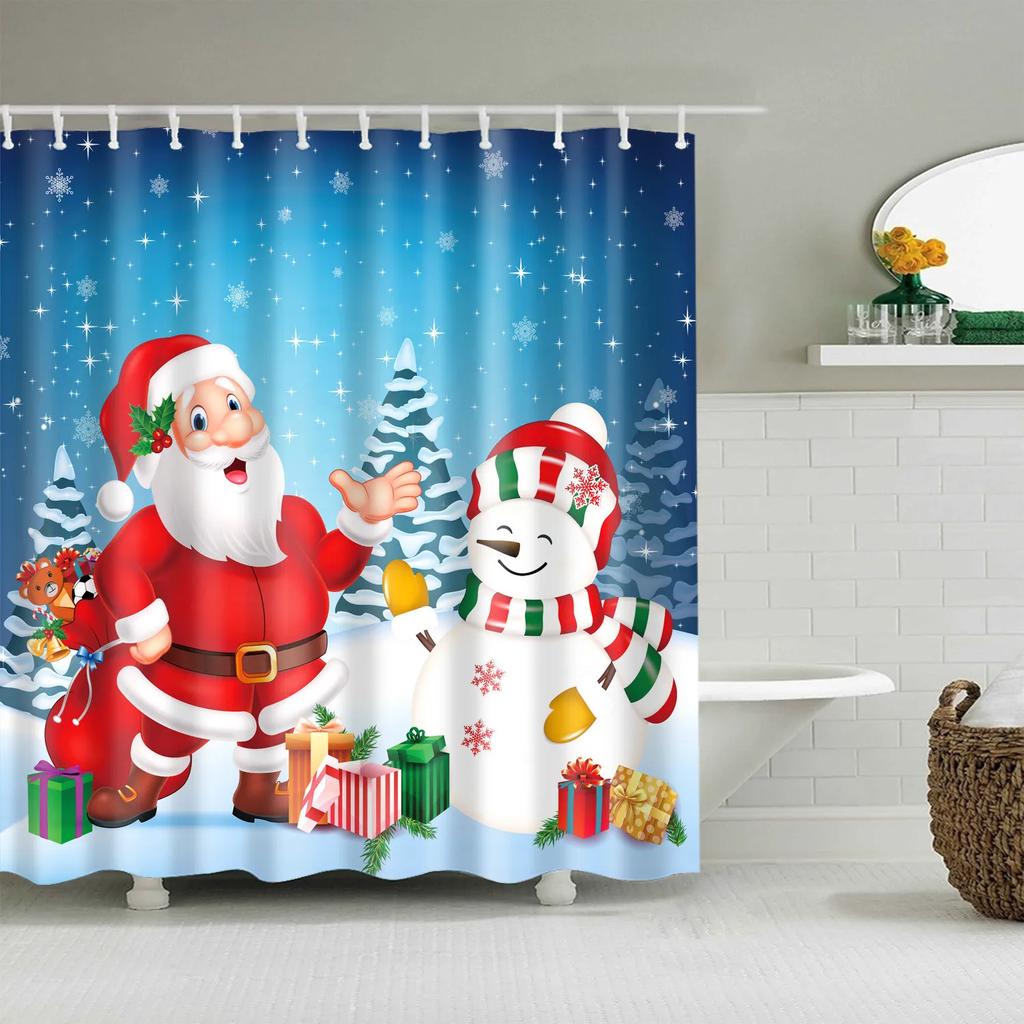 Christmas Bath Curtains Home Decor Winter Snowflake Snowman Santa Claus Waterproof Shower Curtain Bathroom Curtains