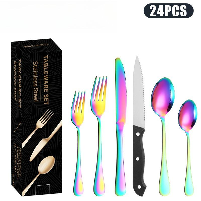 Stainless steel cutlery knife, fork and spoon set 24-piece Western Steak Hotel titanium plated black knife, fork and spoon